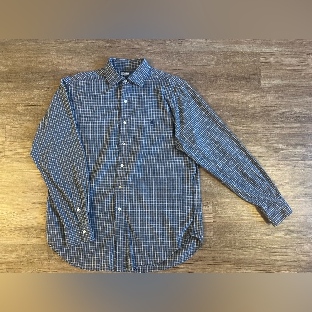 Vtg Polo Ralph Lauren Mens Shirt Large Blue Plaid Stanton‎ Classic Fit B1